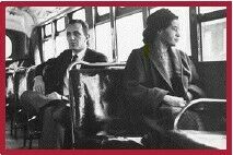 Rosa Parks rides in the front of the bus with a white man sitting behind her